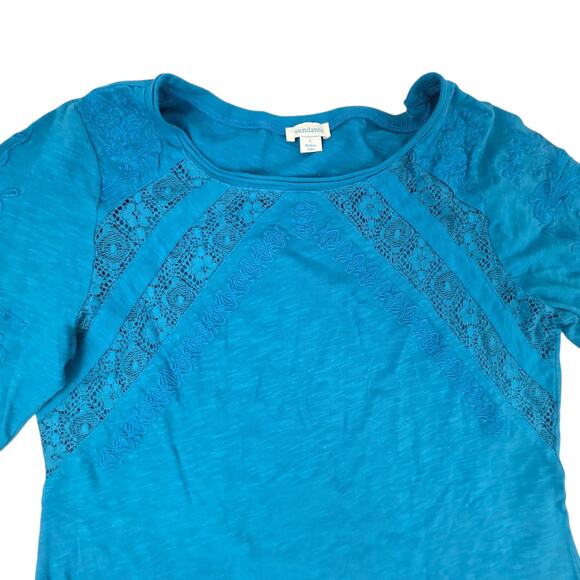 Sundance Long Sleeve Shirt Womens Large Floral Crochet Lace Blue Boho Slub Knit - Picture 3 of 6